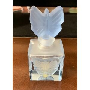 Vintage Carved Frosted Enesco Glass Perfume‎ Bottle with Butterfly Stopper Blue